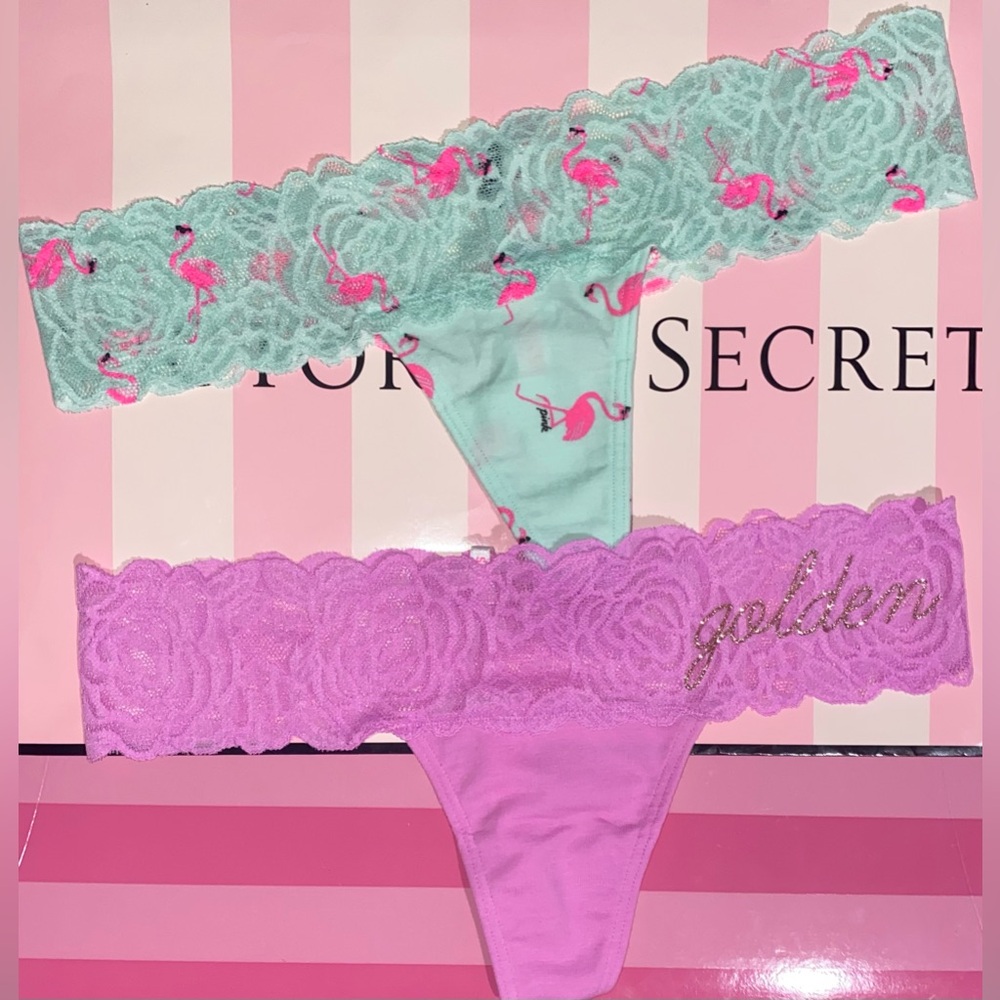 2 Victoria’s Secret PINK Thong Panties PINK panties bundle pink bling flamingo
